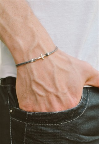 CROSS BRACELET FOR MEN SILVER TONE CROSS CHARM GREY CORD