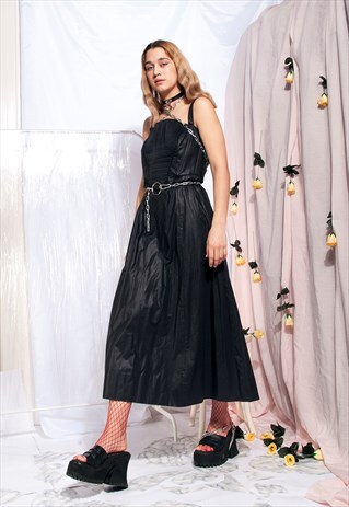 VINTAGE PARTY DRESS 80S SHINY BLACK EVENING DRESS