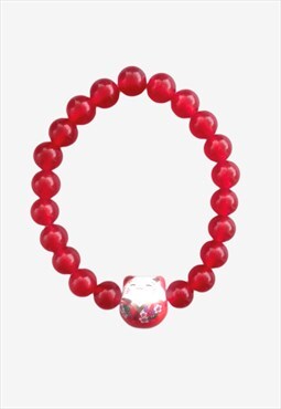 Happy Lucky Cat Red Chalcedony Beaded Gemstone Gift Bracelet