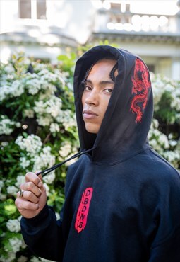 Black Hoodie With Red Dragon Embroidery