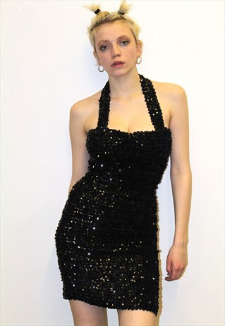 90S VINTAGE BLACK SEQUIN HALTERNECK SEXY MINI PARTY DRESS
