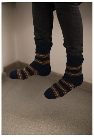 NAVY HANDMADE STRIPED KNITTED WOOL SOCKS