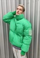 HIGH NECK CROPPED BOMBER QUILTED ROLL PUFFER JACKET IN GREEN