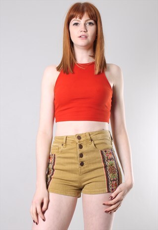 VINTAGE 90S BEIGE DENIM HIGH WAISTED EMBROIDERED SHORTS