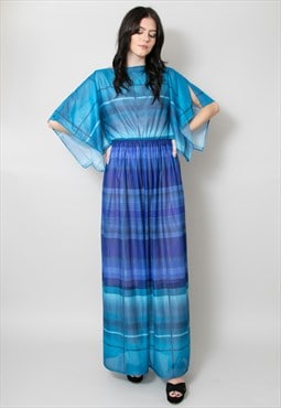 Revival 70's Vintage Dress Blue Kimono Sleeve Maxi Dress 
