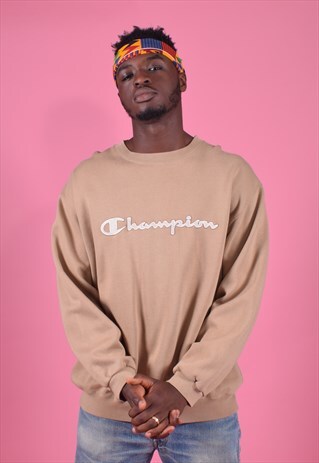 TAN CHAMPION CREW NECK EMBROIDERED SWEATSHIRT