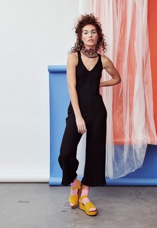 CHLOE BLACK LINEN STRAPPY DUNGAREE BUCKLE CULOTTE JUMPSUIT