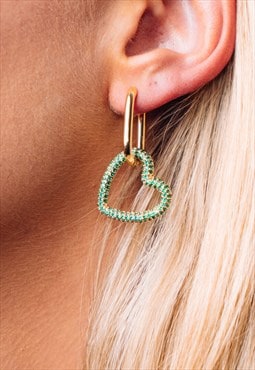 Green Stone & Gold Heart Lock Earrings 