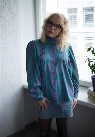 VINTAGE 80'S MULTICOLOUR ABSTRACT PRINT HIGH COLLAR BLOUSE