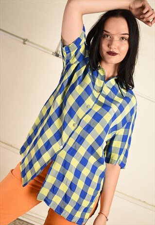 VINTAGE 90S PARIS CHIC PSYCHEDELIC CHECKED SHIRT TOP