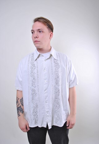 80S WHITE STRIPED MAN VINTAGE SHIRT WITH PRINT