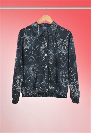 VINTAGE LIGHTWEIGHT JACKET GREY BLUE SWIRL FLORAL PATTERN