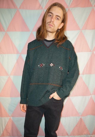 VINTAGE 90S GRUNGE GREEN ARGYLE PATTERNED JUMPER