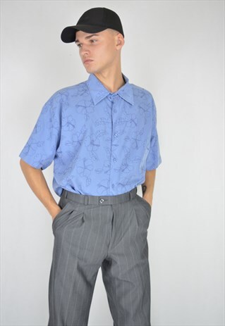 VINTAGE BLUE HAWAIIAN FLOWER SHORT SLEEVE SHIRT
