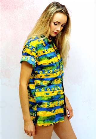 1990S VINTAGE GREEN AND YELLOW FISH PRINT COTTON SHIRT