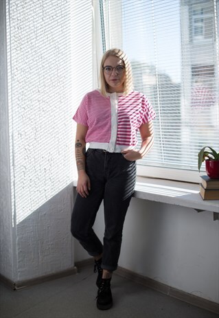VINTAGE 80'S WHITE/PINK CROPPED SHORT SLEEVED TOP