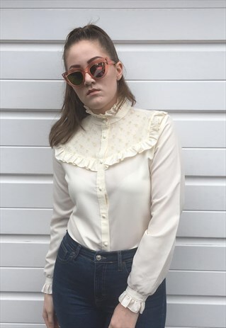 WOMENS VINTAGE 80S BLOUSE CREAM GOLD FLORAL FRILLY SHIRT