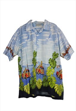 Vintage Summer Palms Shirt in Blue XL