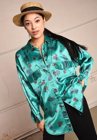 80'S RETRO PAISLEY PRINT SHIMMER OVERSIZED SHIRT TOP