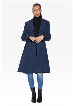 Navy Blue Double Breasted Trench Mac Belted Coat