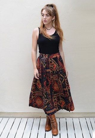 VINTAGE MIDI FINE PLEAT SKIRT IN ABSTRACT PRINT