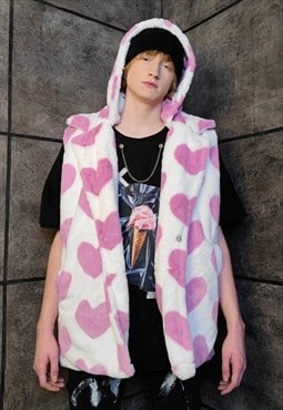 Heart fleece gilet handmade sleeveless hood jacket pink