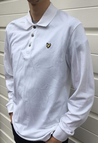 MENS Y2K LYLE & SCOTT POLO SHIRT WHITE LONG SLEEVED TOP