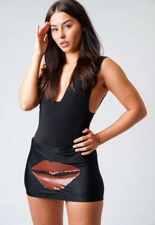 SOPHIA BLACK LIP PRINT BODYCON MINI SKIRT