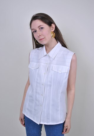 WHITE STRIPED BLOUSE, VINTAGE CASUAL SLEEVELES TOP
