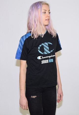 VINTAGE 90S BLACK BLUE CHAMPION SPORTS T SHIRT