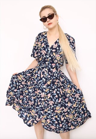 VINTAGE 90S FLORAL PRINT BUTTON MIDI DRESS