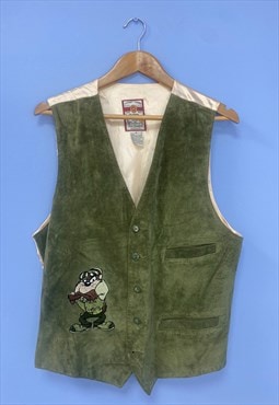 Vintage 90s Looney Tunes Waistcoat Khaki Suede Taz