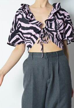 Vintage 90s Pink Black Zebra Print Ruffle Tie Front Crop Top