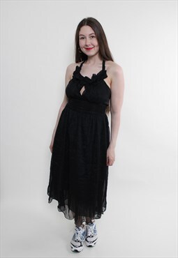 Vintage 90s cocktail dress, black lace dress evening midi 