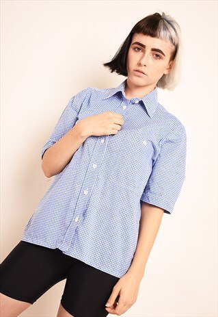 90'S RETRO CHECKED PLAID PRINT OVERSIZED BLOUSE TOP