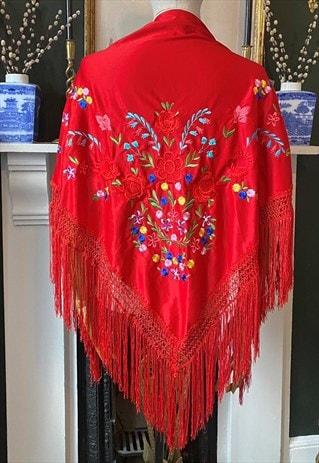 Piano Shawl Red Embroidered Fringe Wrap Floral Scarf