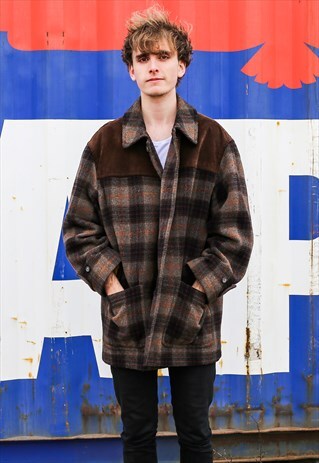 CHECK PATTERN DUFFLE JACKET WITH SUEDE SHOULDERS