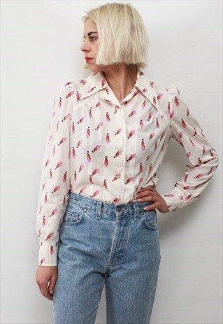 VINTAGE 70' AMAZING CUTE WHITE SHIRT WITH PRINT