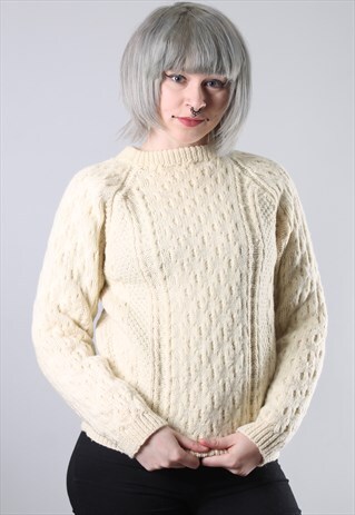 VINTAGE CABLE KNIT FISHERMANS WOOL JUMPER SMALL