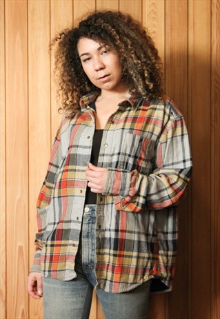 VINTAGE 1990S ORANGE AND BLUE CHECKED FLANNEL SHIRT