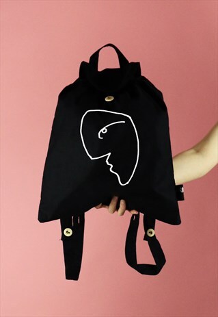FACE LINE DRAWING PRINT COTTON BACKPACK - WHITE ON BLACK
