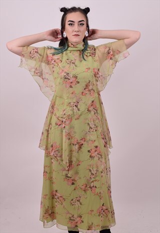 VINTAGE 70'S GREEN FLOWER PRINT FESTIVAL BOHO DRESS 10 TO 12