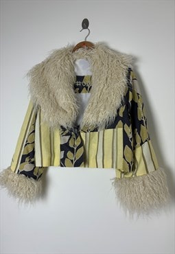Yellow buttercup patchwork afghan style coat with faux fur