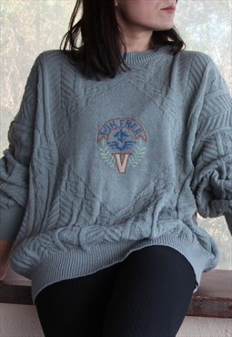 Vintage blue wool blend 3d jacquard knit embroidered sweater