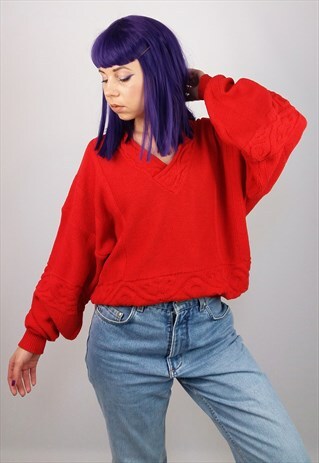 VINTAGE 80'S RETRO COTTON KNIT V-NECK SWEATER RED
