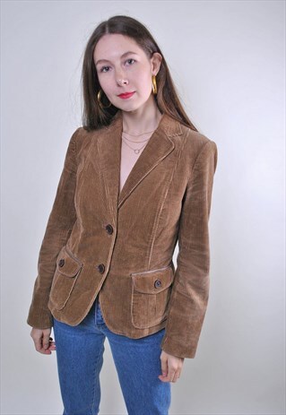 RETRO BROWN WOMAN CORDUROY SUIT BLAZER, SIZE M
