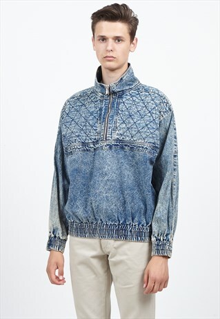 VINTAGE BLUE ACID WASHED DENIM 1/4 ZIP PULLOVER JACKET