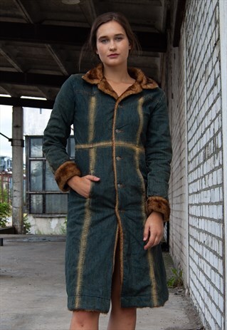 VINTAGE RETRO BLUE BROWN FAUX FUR DENIM COAT