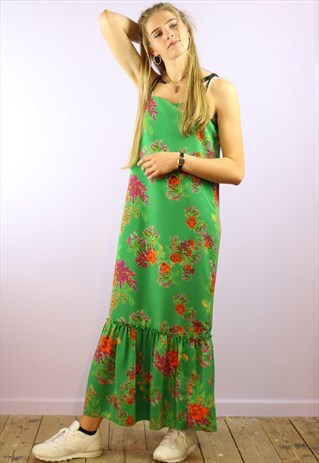 ORANGE ROSE ON EMERALD GREEN MAXI FRILL DRESS