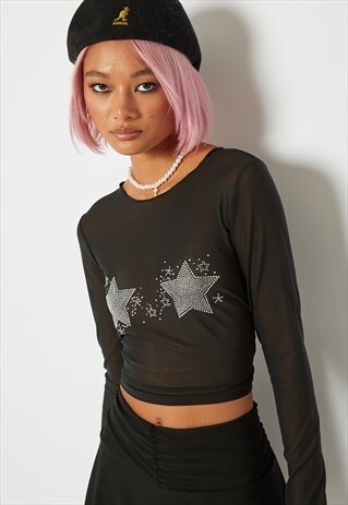 SKINNYDIP LONDON MESH CROP TOP WITH DIAMONTE STARS IN BLACK